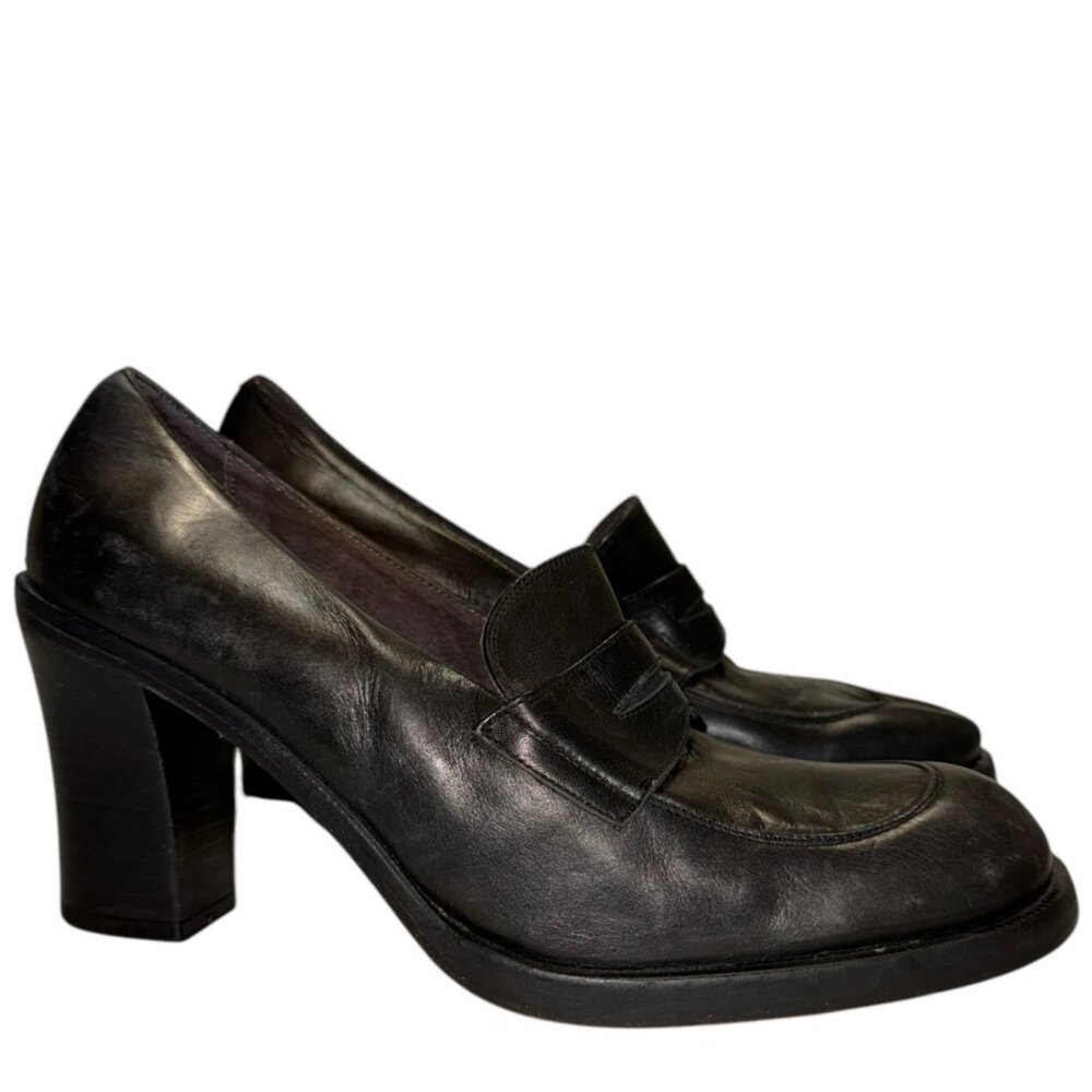 Vintage GUESS Y2K 90s High Heel Chunky Loafer Pumps 10 Leather Preppy Corp Core